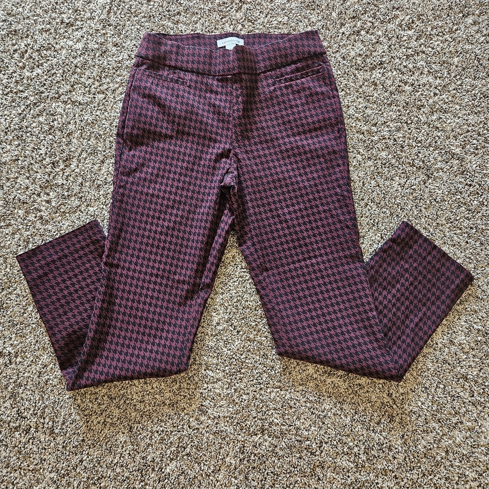 Liz Claiborne Lisa Straight Leg Pull On Mid Rise Burgandy Houndstooth Pants 6